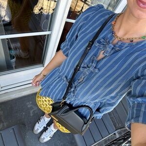 Ganni Striped denim front bow tie top